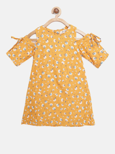 

Bella Moda Girls Mustard Yellow & Blue Printed A-Line Dress