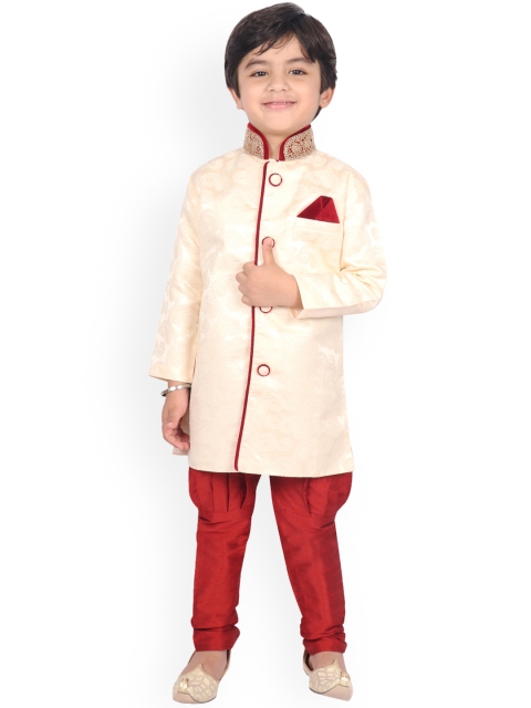 

SG YUVRAJ Boys Cream-Coloured & Maroon Woven Design Silk Sherwani