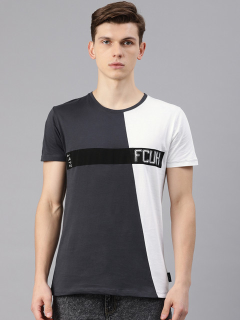 

French Connection Men Charcoal Grey & White Colourblocked Round Neck T-shirt