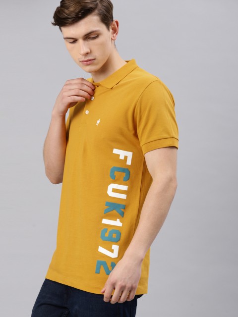

French Connection Men Mustard Yellow Printed Polo Collar T-shirt