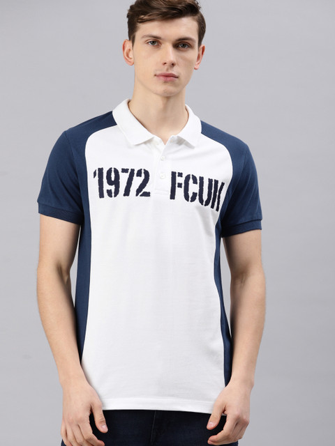 

French Connection Men White & Navy Blue Printed Polo Collar T-shirt