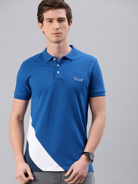 

French Connection Men Blue & White Slim Fit Colourblocked Polo Collar T-shirt