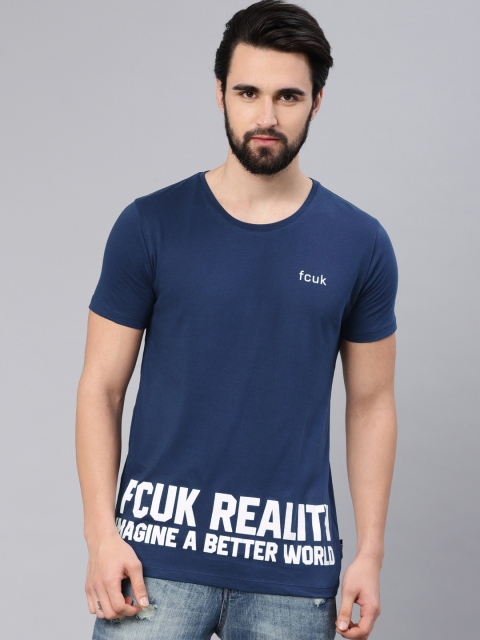 

French Connection Men Blue Slim Fit Printed Round Neck Pure Cotton T-shirt
