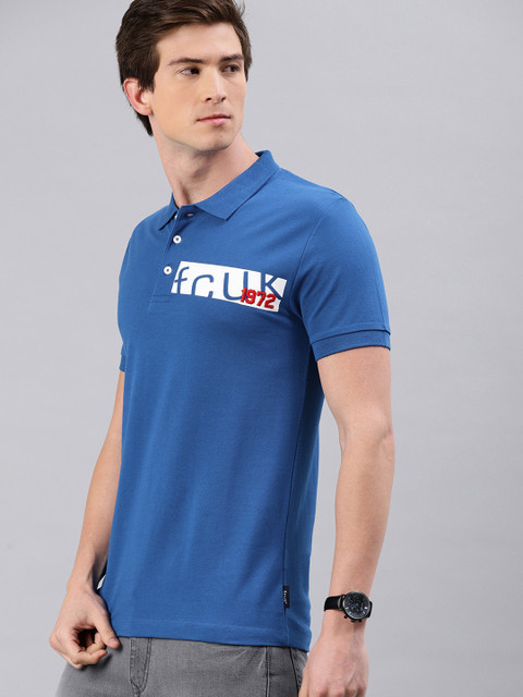 

French Connection Men Blue Slim Fit Printed Polo Collar T-shirt