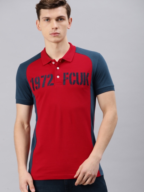 

French Connection Men Red & Navy Colourblocked Polo Collar T-shirt