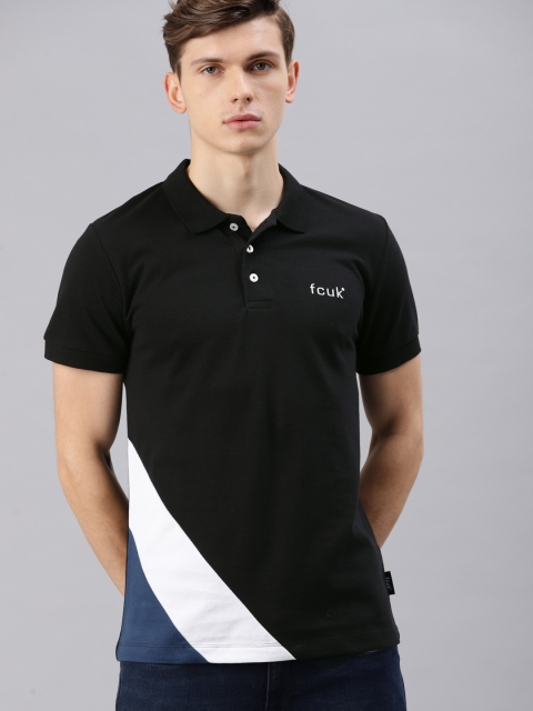 

French Connection Men Black & White Colourblocked Polo Collar T-shirt