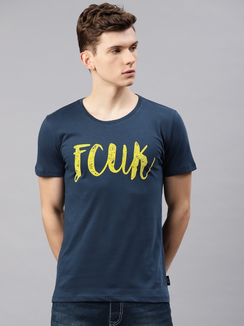 

French Connection Men Navy Blue Printed Slim Fit Round Neck T-shirt