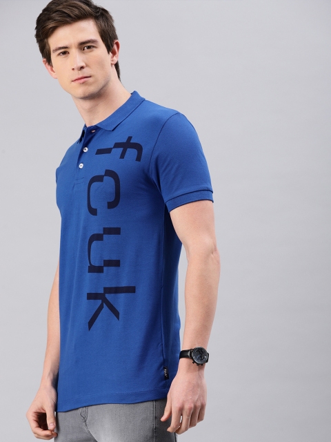 

French Connection Men Blue & Black Printed Polo Collar T-shirt