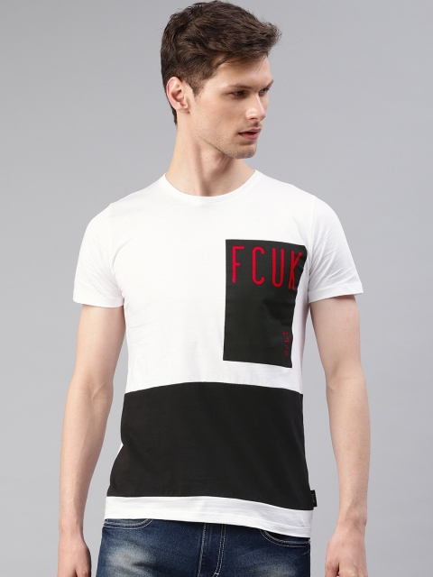 

French Connection Men White & Black Colourblocked Round Neck T-shirt