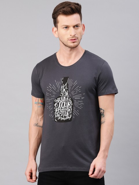 

French Connection Men Charcoal Grey Printed Slim Fit Round Neck T-shirt