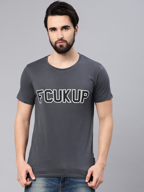 

French Connection Men Charcoal Grey Printed Round Neck T-shirt