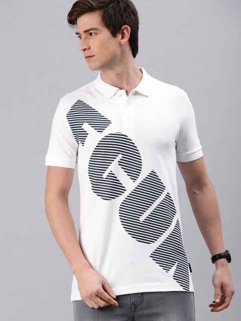 

French Connection Men White & Navy Slim Fit Printed Polo Collar T-shirt