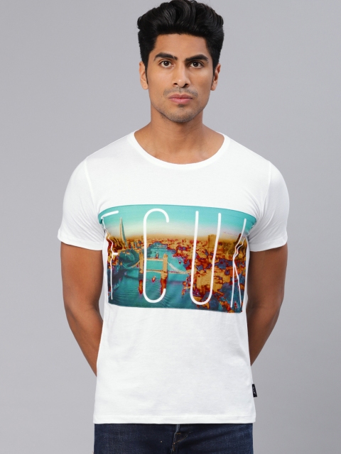 

French Connection Men White Printed Round Neck T-shirt