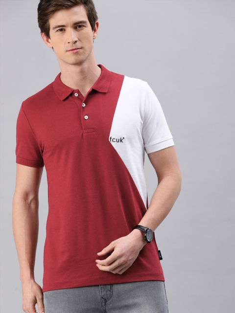 

French Connection Men Maroon & White Slim Fit Colourblocked Polo Collar T-shirt