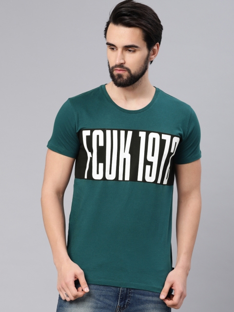 

French Connection Men Teal Blue Printed Round Neck T-shirt