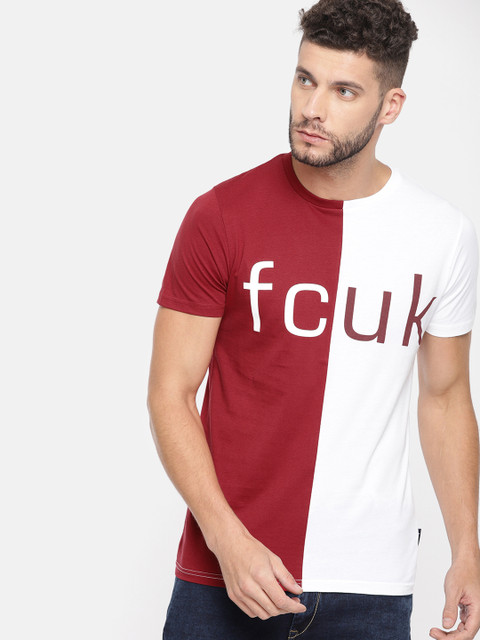 

French Connection Men Red & White Printed Colourblocked Round Neck T-shirt