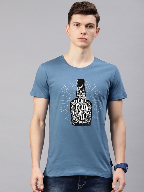 

French Connection Men Blue Printed Slim Fit Round Neck T-shirt