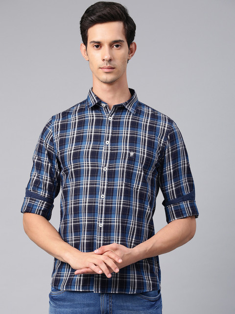 

French Connection Men Blue & White Slim Fit Checked Casual Shirt