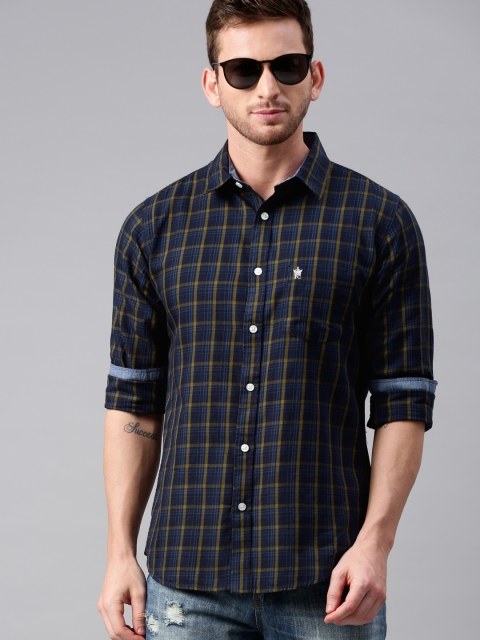 French Connection Men Navy Blue & Olive Green Slim Fit Checked Casual Shirt