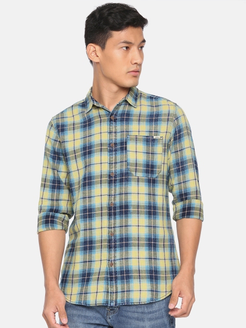 

Jack & Jones Men Yellow & Navy Blue Slim Fit Checked Casual Shirt