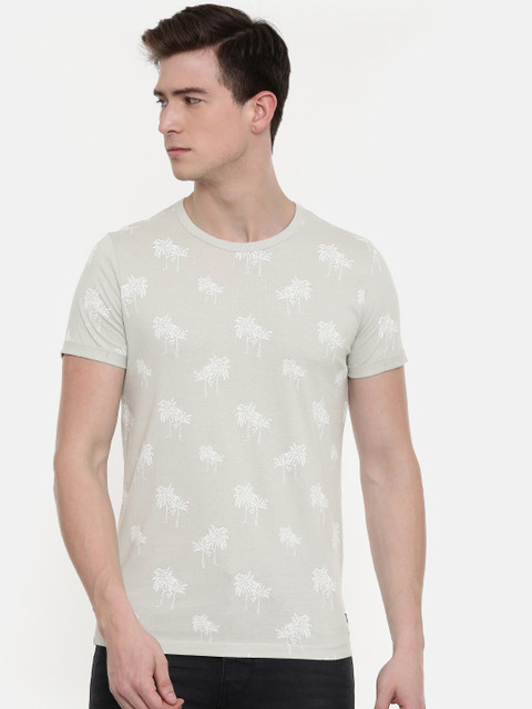 

Jack & Jones Men Grey & White Printed Slim Fit Round Neck T-shirt