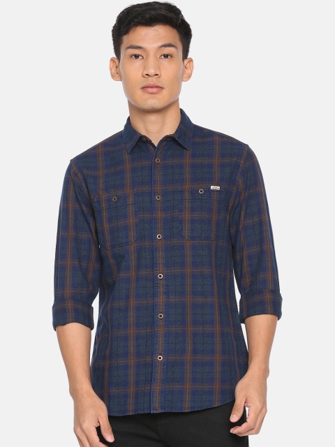 

Jack & Jones Men Navy Blue & Brown Slim Fit Checked Casual Shirt