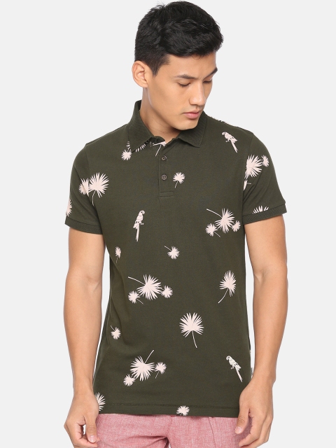 

Jack Jones Men Green Off-White Printed Polo Collar Pure Cotton T-shirt