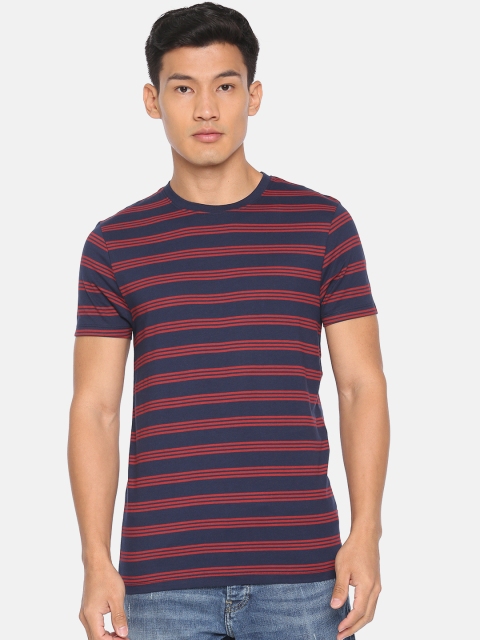 

Jack & Jones Men Navy Blue & Maroon Striped Round Neck T-shirt