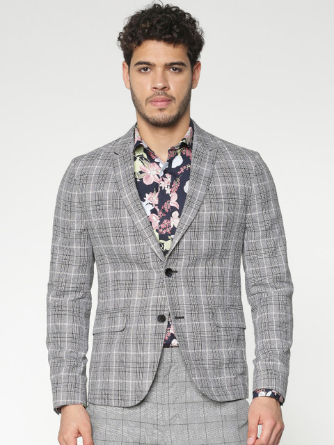 

Jack & Jones Grey & Black Checked Slim Fit Single Breasted Smart Casual Blazer