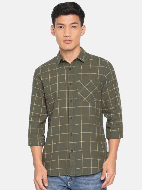 

Jack & Jones Men Olive Green & Mustard Slim Fit Checked Casual Shirt