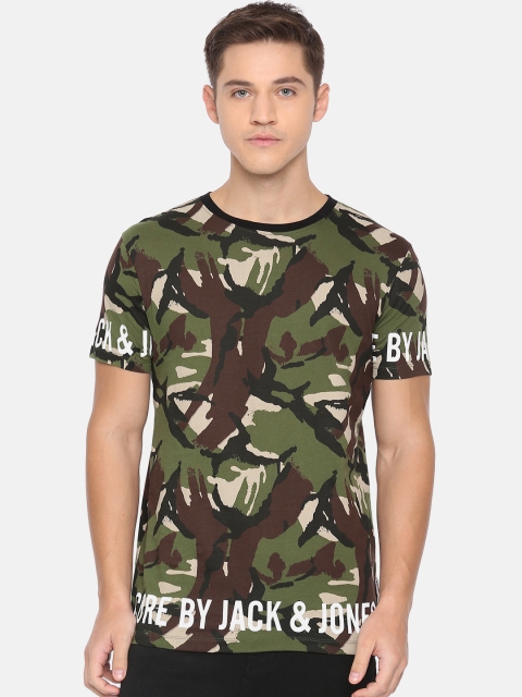 

Jack Jones Men Olive Green Black Camouflage Printed Round Neck Pure Cotton T-shirt