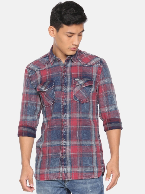 

Jack & Jones Men Red & Navy Blue Slim Fit Checked Casual Shirt