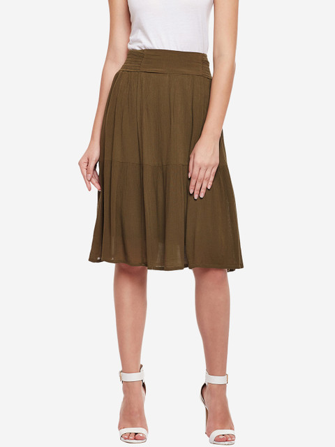

Oxolloxo Olive Brown Solid A-Line Midi Skirt