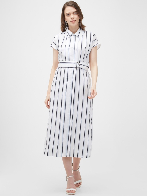 

bebe Women White & Navy Blue Striped Shirt Dress