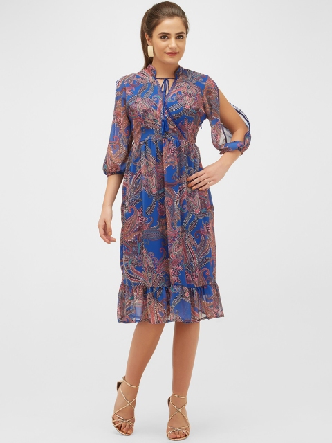 

bebe Women Blue & Pink Printed Fit and Flare Dress