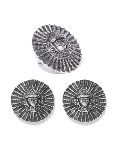 

Infuzze Women Oxidised Silver-Toned Textured Circular Oversized Studs with Textured Ring