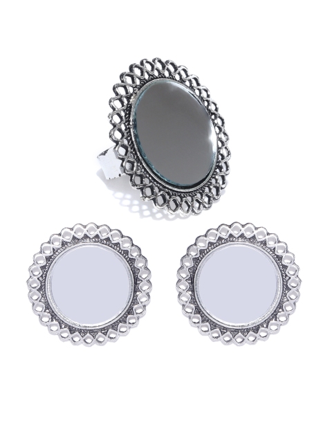 

Infuzze Women Oxidised Silver-Toned Mirror Work Oversized Studs with Adjustable Ring