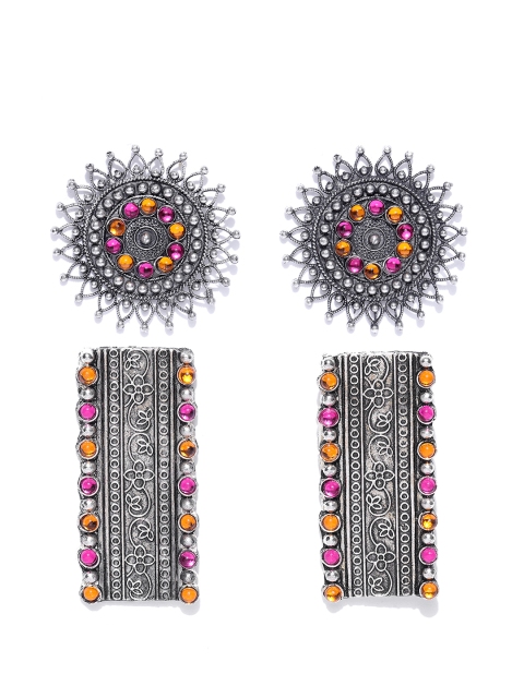 

Infuzze Women Pack of 2 Oxidised Silver-Toned & Pink Geometric Drop Earrings