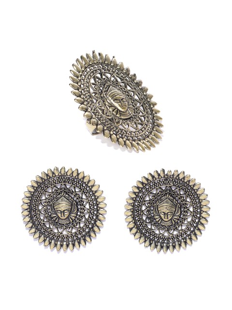 

Infuzze Women Gold-Toned Textured Circular Oversized Studs with Adjustable Ring