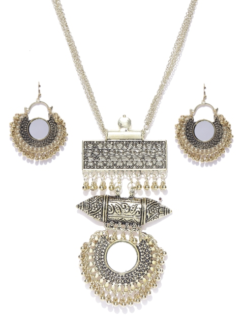 

Infuzze Women Gold-Toned Afghan Necklace with Crescent Shaped Mirror Drop Earrings
