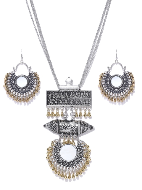 

Infuzze Women Silver-Toned & Gold-Toned Afghan Necklace with Mirror Drop Earrings