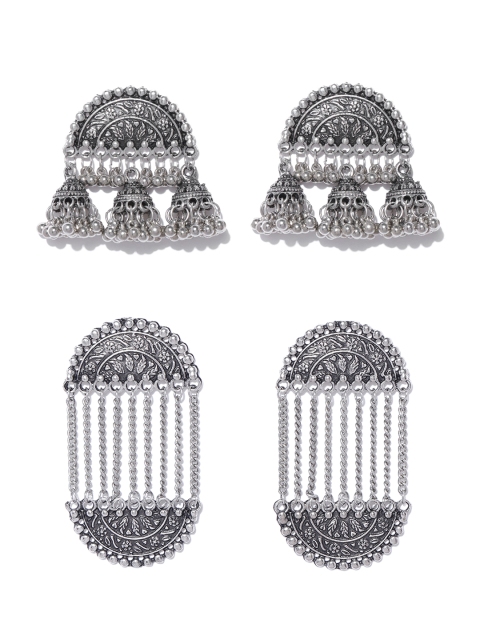 

Infuzze Women Pack of 2 Silver-Toned Dome Shaped Jhumkas & Classic Drop Earrings