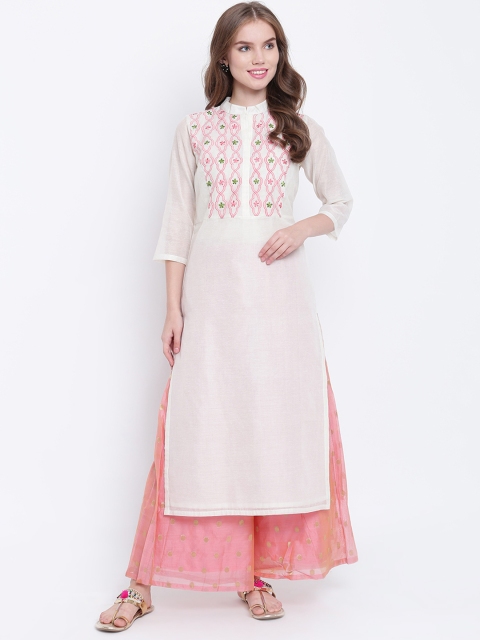 

Shakumbhari Women White Embroidered Straight Kurta