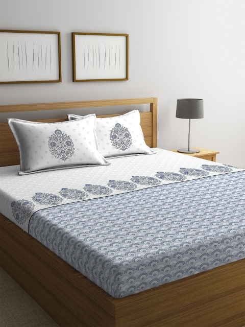 

Portico New York White & Blue Floral 144 TC Cotton 1 King Bedsheet with 2 Pillow Covers