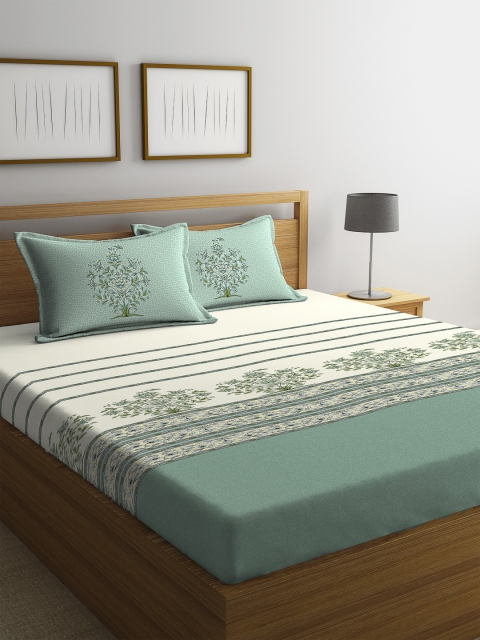 

Portico New York Green & Off-White Floral 144 TC Cotton 1 King Bedsheet with 2 Pillow Covers