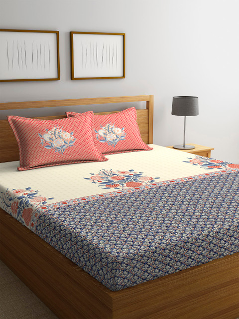 

Portico New York Off-White & Blue Floral 144 TC Cotton 1 King Bedsheet with 2 Pillow Covers