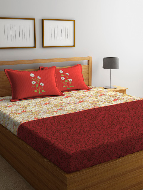 

Portico New York Off-White & Maroon Floral 144 TC Cotton 1 King Bedsheet with 2 Pillow Covers