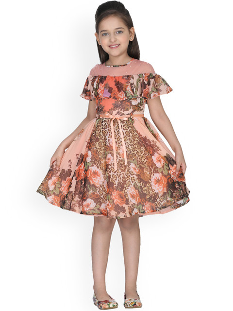 

CUTECUMBER Girls Orange Printed Fit and Flare Dress