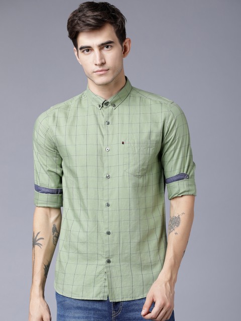 

Black coffee Men Green & Navy Blue Slim Fit Checked Casual Shirt