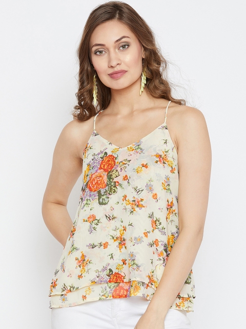 

PURYS Women Yellow Floral Printed Tiered Top